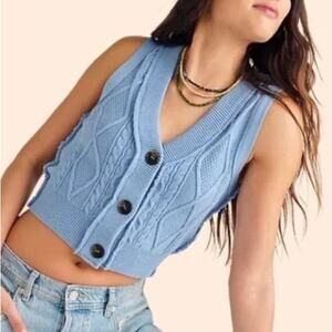 Free People Denson Cable Knit Vest in Blue Size Large Gently Used Boho Preppy